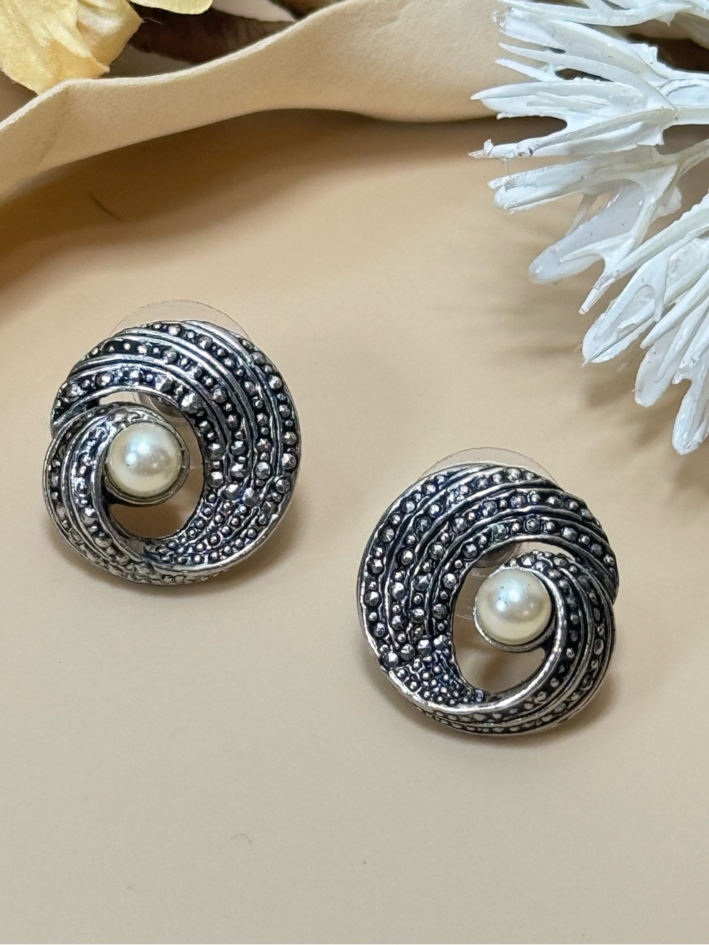 Vintage Silver Tone Swirl Faux Pearl Statement Post Earrings